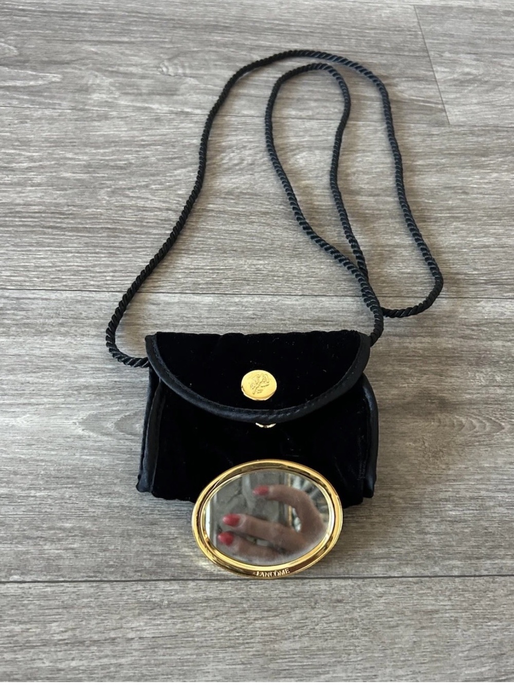 Vintage 90s Lancome Black Velvet Mini Crossbody Bag Gold Compact Mirror